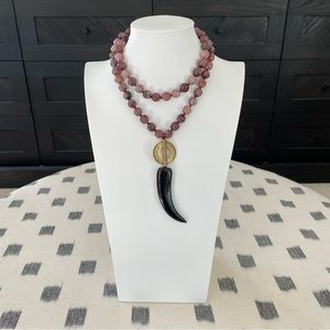 NEST JEWELRY Necklace. Pink Stone Beaded Necklace with brass pendant and horn.